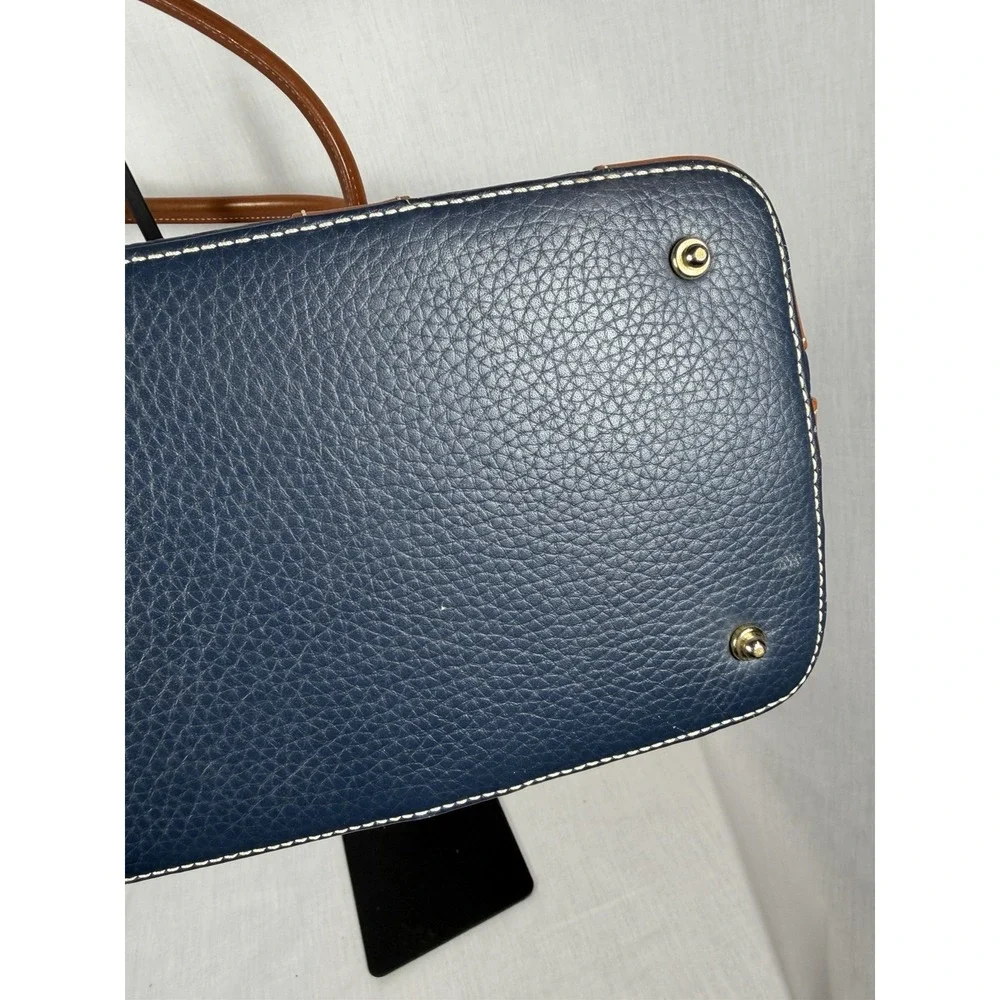 Dooney‎ & Bourke Pebbled Leather Domed Satchel Navy Tan Zip Shoulder Bag Luxury